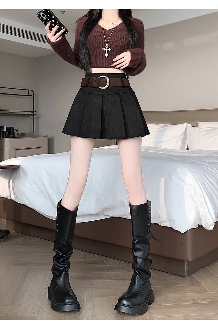 실사 2026 가을 겨울 아메리칸 달콤한 차가운 핫걸 노출 방지 스웨이드 원단 한 마디 반신 플리츠 스커트 미니 스커트 벨트 포함 상세 이미지 28