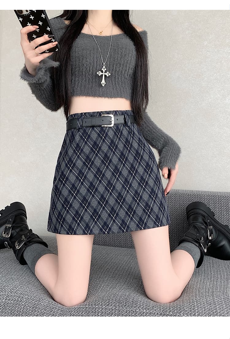 실사 2026 가을 겨울 아메리칸 핫걸 레트로 체크무늬 노출 방지 모직 한 마디 반신 스커트 미니 스커트 벨트 포함 상세 이미지 30