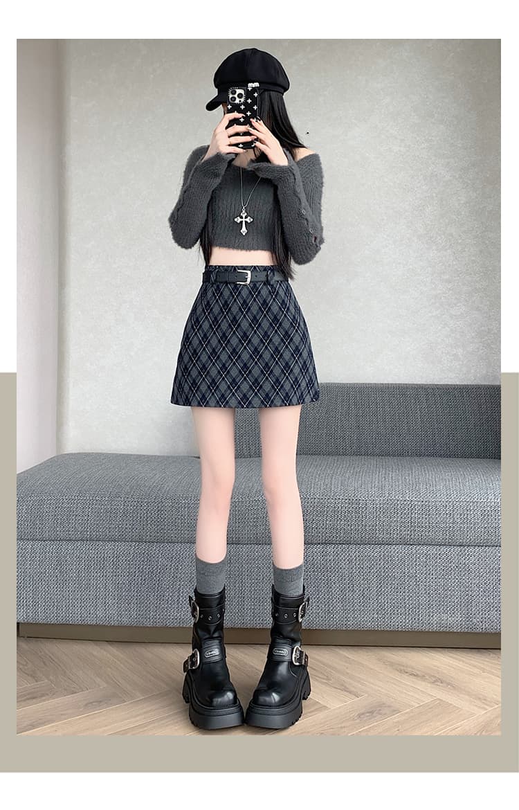 실사 2026 가을 겨울 아메리칸 핫걸 레트로 체크무늬 노출 방지 모직 한 마디 반신 스커트 미니 스커트 벨트 포함 상세 이미지 32