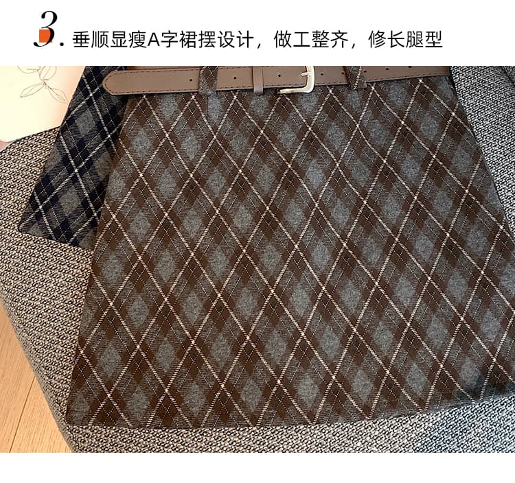 실사 2026 가을 겨울 아메리칸 핫걸 레트로 체크무늬 노출 방지 모직 한 마디 반신 스커트 미니 스커트 벨트 포함 상세 이미지 12