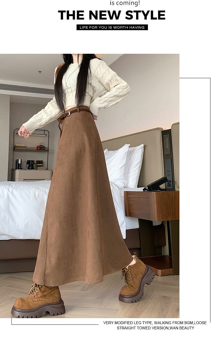 실사 2026 가을 겨울 표지 넓적 다리 슬림해 보이는 불규칙 짜임 벨트 디자인 스웨이드 원단 중간 길이 한 마디 반신 우산 치마 상세 이미지 15