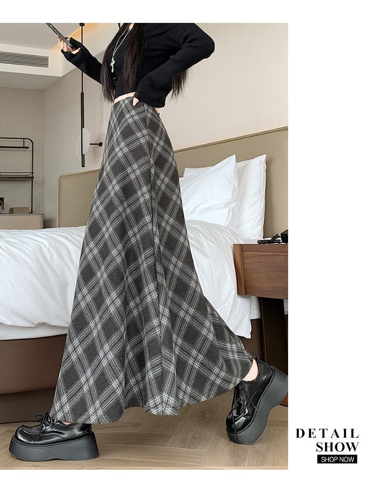 실사 2026 가을 겨울 한국 스타일 표지 넓적 다리 슬림해 보이는 중간 길이 체크무늬 모직 한 마디 반신 스커트 특대 사이즈 진자 우산 치마 상세 이미지 35