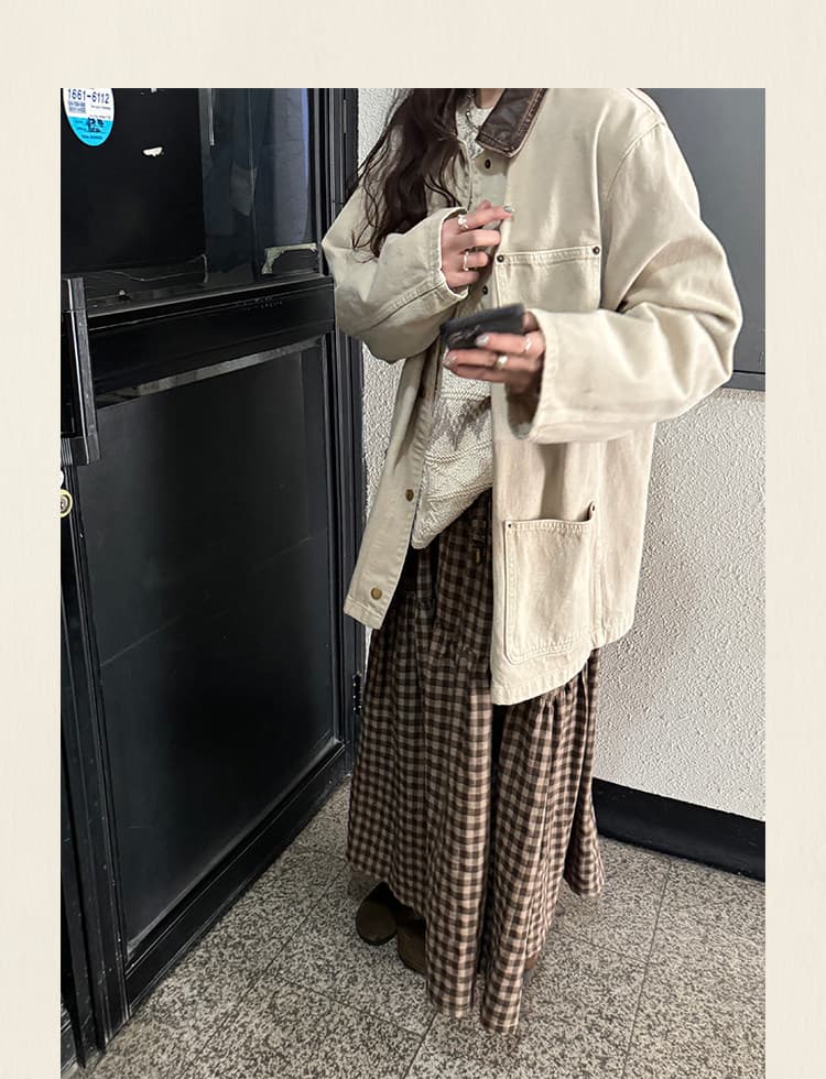 jmwomen 케이크 브라운 광장 레트로 저항 주름 체크무늬 하이웨이스트 반신 스커트 여성 가을과 겨울 루즈핏 다용도 한 마디 롱 스커트 상세 이미지 20