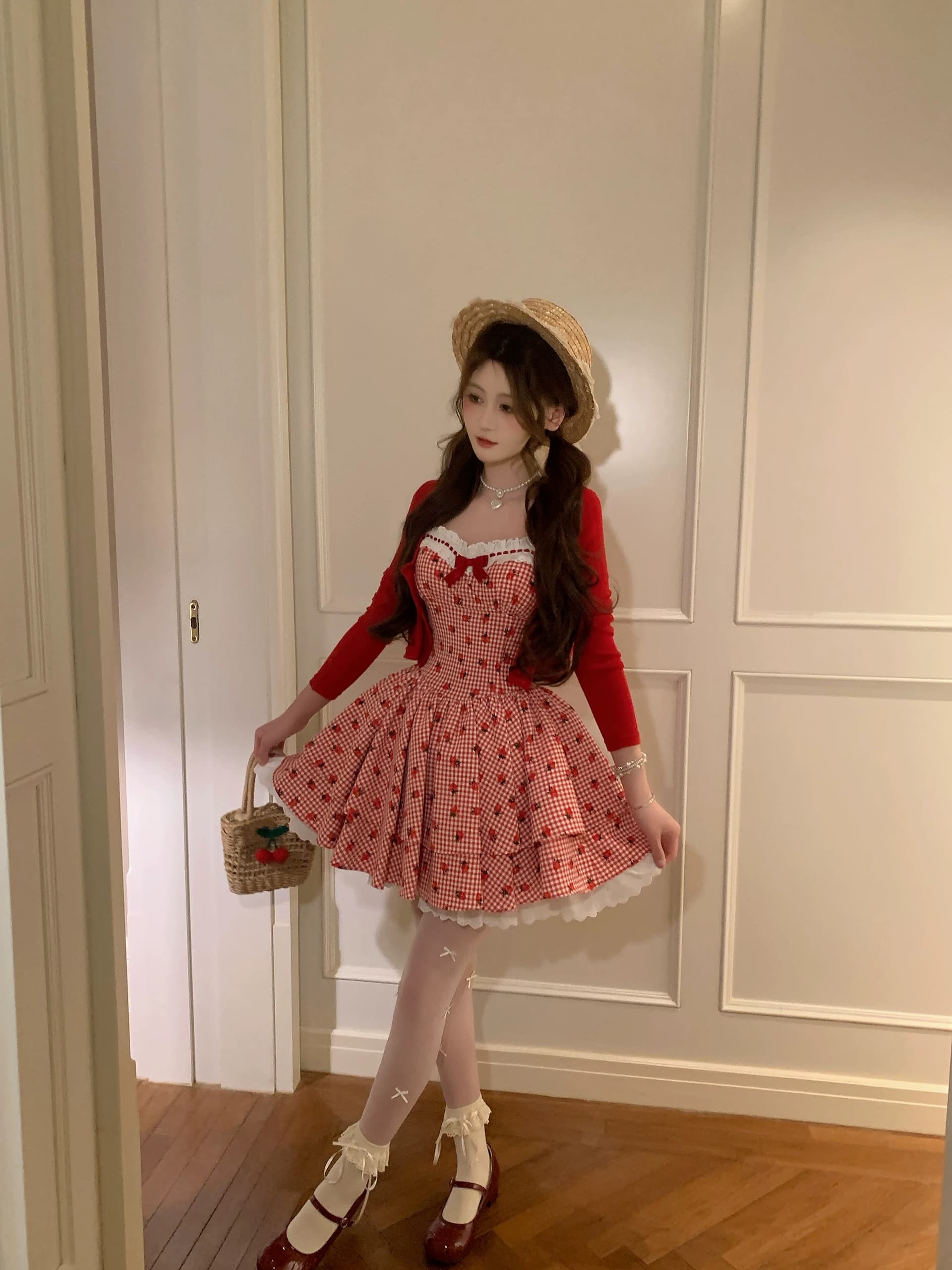 작은 곰 구속영장 라스베리 라스베리 버블 푸 달콤한 스타일 빨간색 작은 딸기 꽃무늬 드레스 슬립 투피스 세트 여름 이미지 3