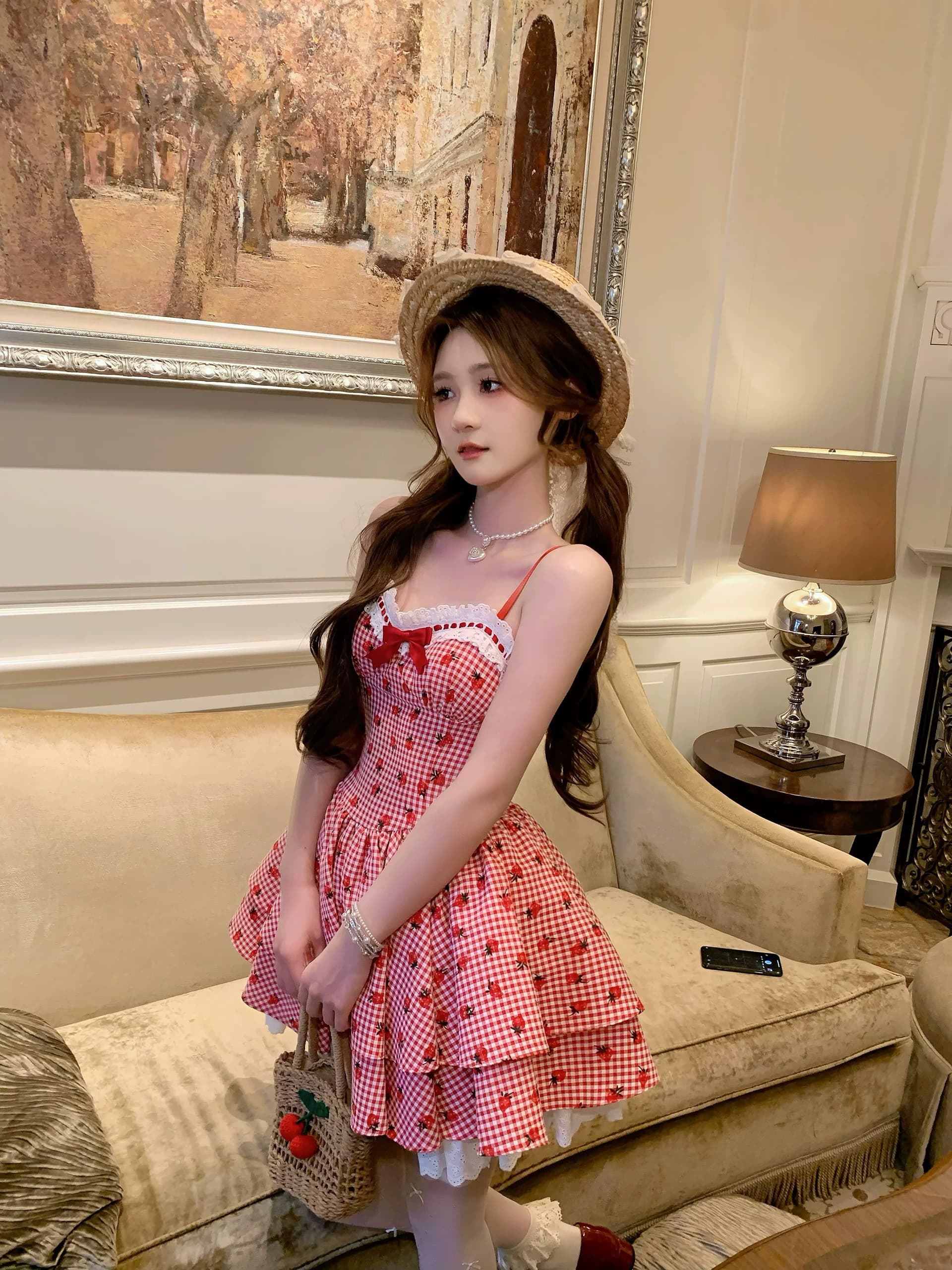 작은 곰 구속영장 라스베리 라스베리 버블 푸 달콤한 스타일 빨간색 작은 딸기 꽃무늬 드레스 슬립 투피스 세트 여름 이미지 4