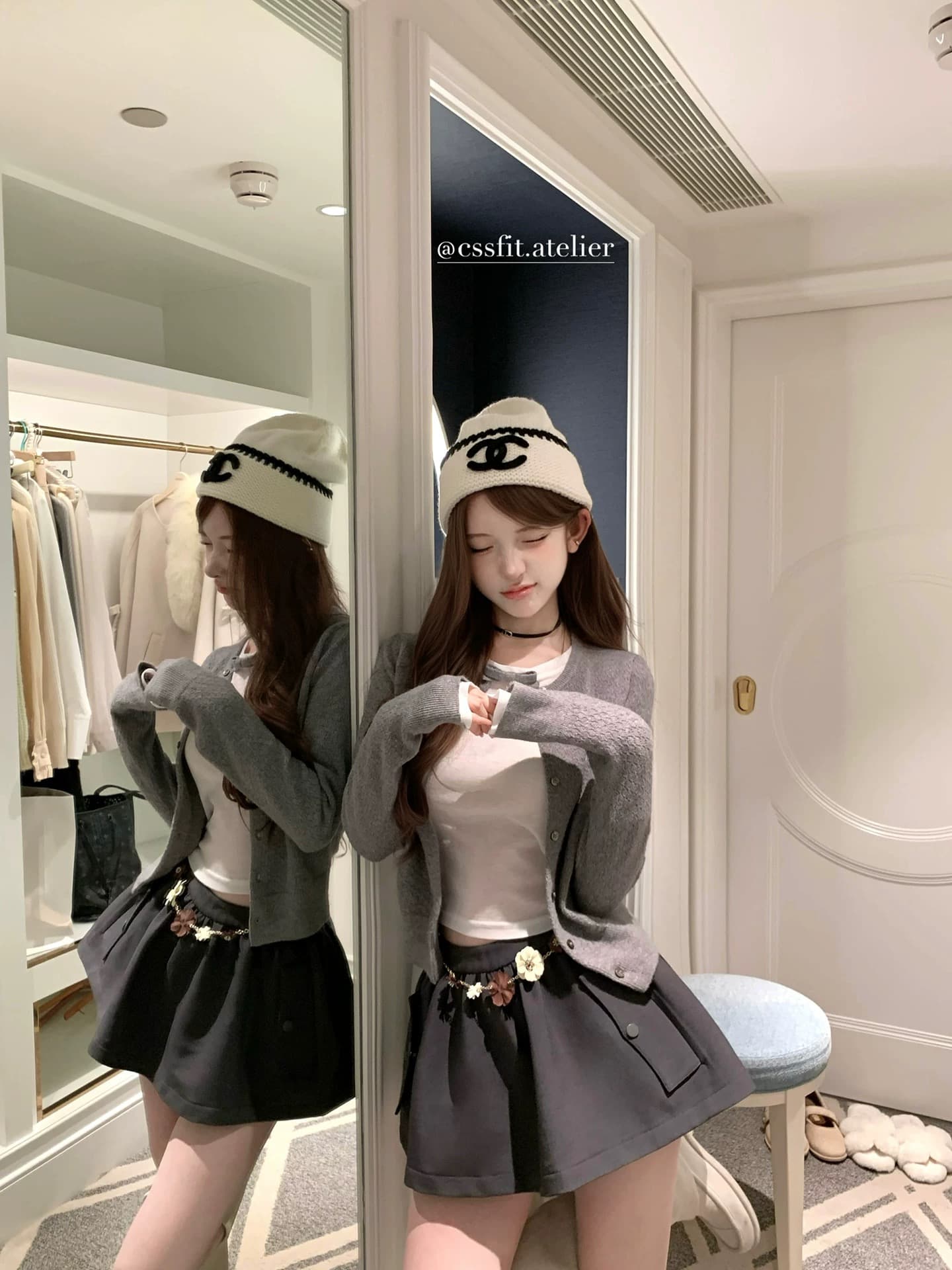 늦게 우산 우산 26 ss 보여주기 필드 건방진 녀석 miu 부서 페이크 레이어드 파인애플 곡물 양모 오픈 가디건 꽃 허리 사슬 반 스커트