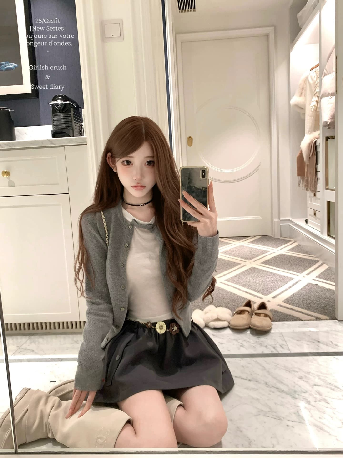 늦게 우산 우산 26 ss 보여주기 필드 건방진 녀석 miu 부서 페이크 레이어드 파인애플 곡물 양모 오픈 가디건 꽃 허리 사슬 반 스커트 이미지 3