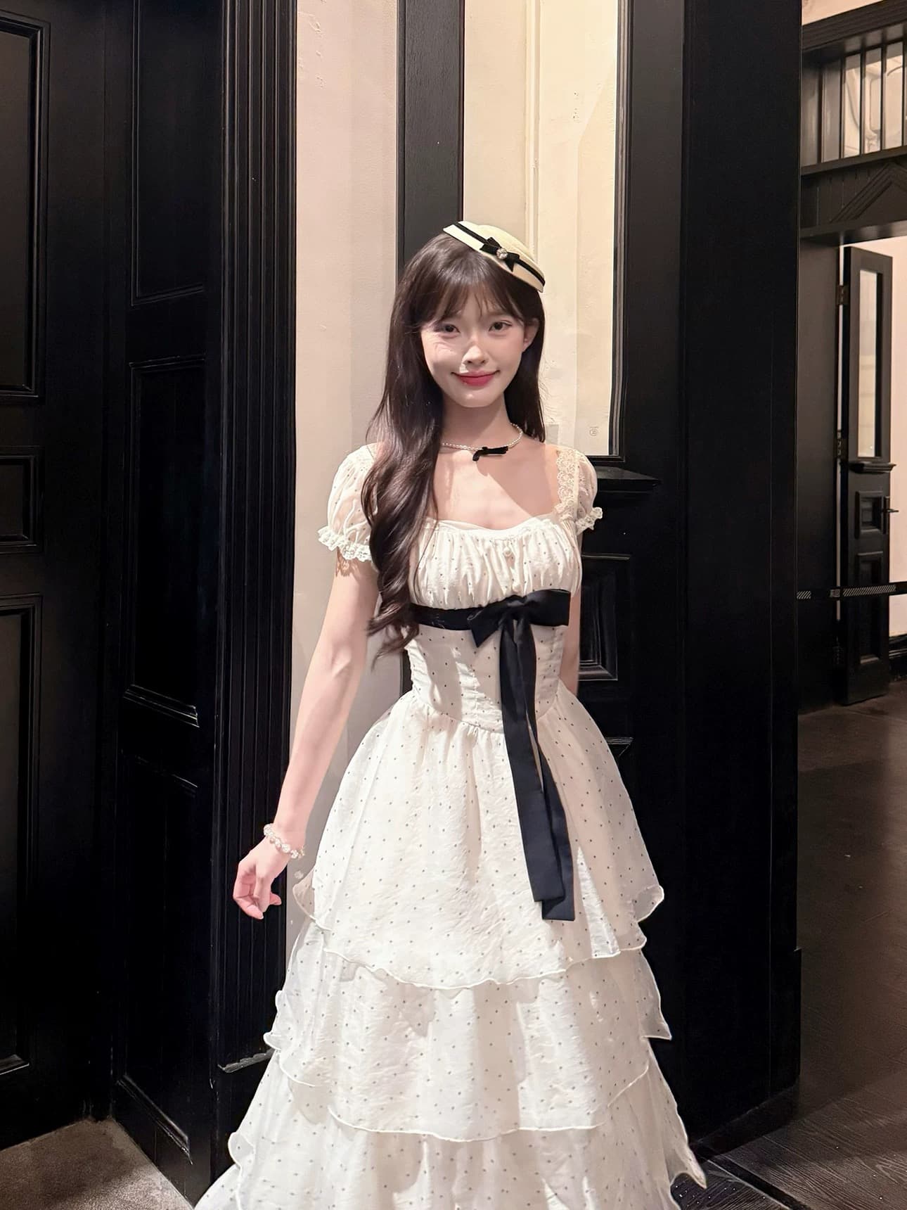 캄파넬라 세과 house 화이트 복숭아 도트 무늬 천 금빛 바람 거품 소매 튜브탑 허리 수축 드레스 케이크 드레스 이미지 2