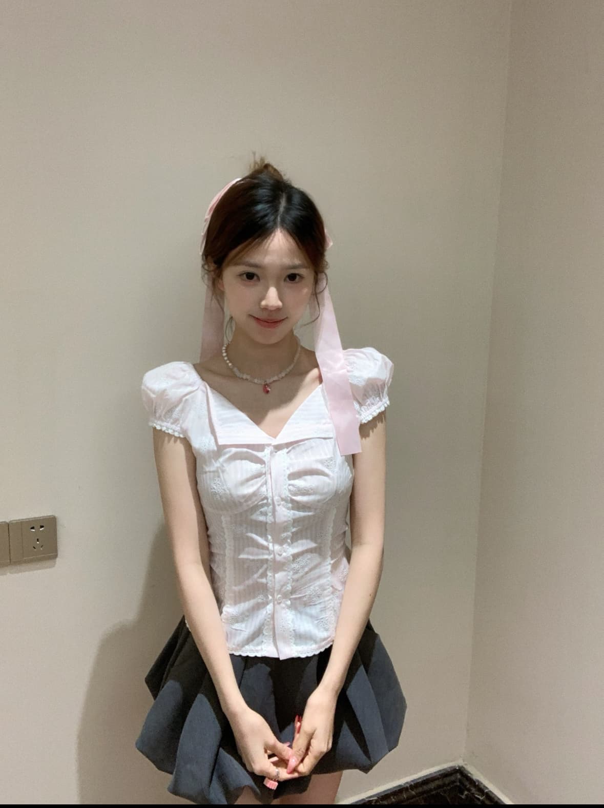 레이스 레이스 체크무늬 반팔 셔츠 여름 새로운 슈퍼 잘 생긴 허리 수축 슬림해 보이는 거품 소매 셔츠 여성 상세 이미지 6