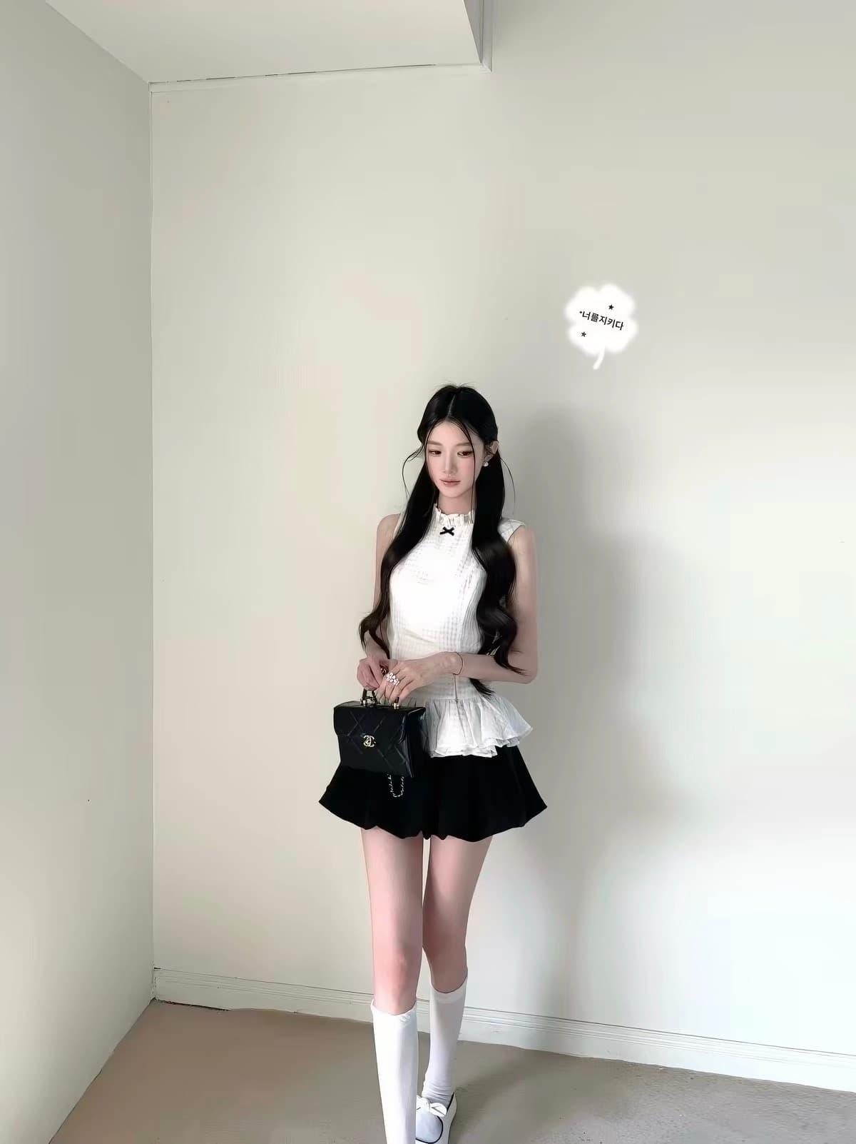 qdqd 한 부서 천 금빛 바람 품격 민소매 체크무늬 맨위 여름 허리 수축 슬림해 보이는 레이스 민소매 디자인 센스 티셔츠 이미지 4
