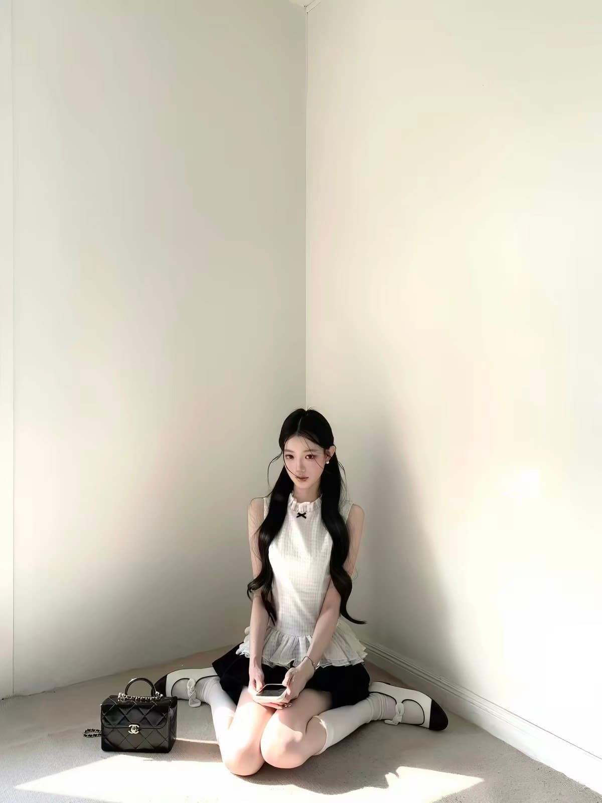 qdqd 한 부서 천 금빛 바람 품격 민소매 체크무늬 맨위 여름 허리 수축 슬림해 보이는 레이스 민소매 디자인 센스 티셔츠 이미지 3