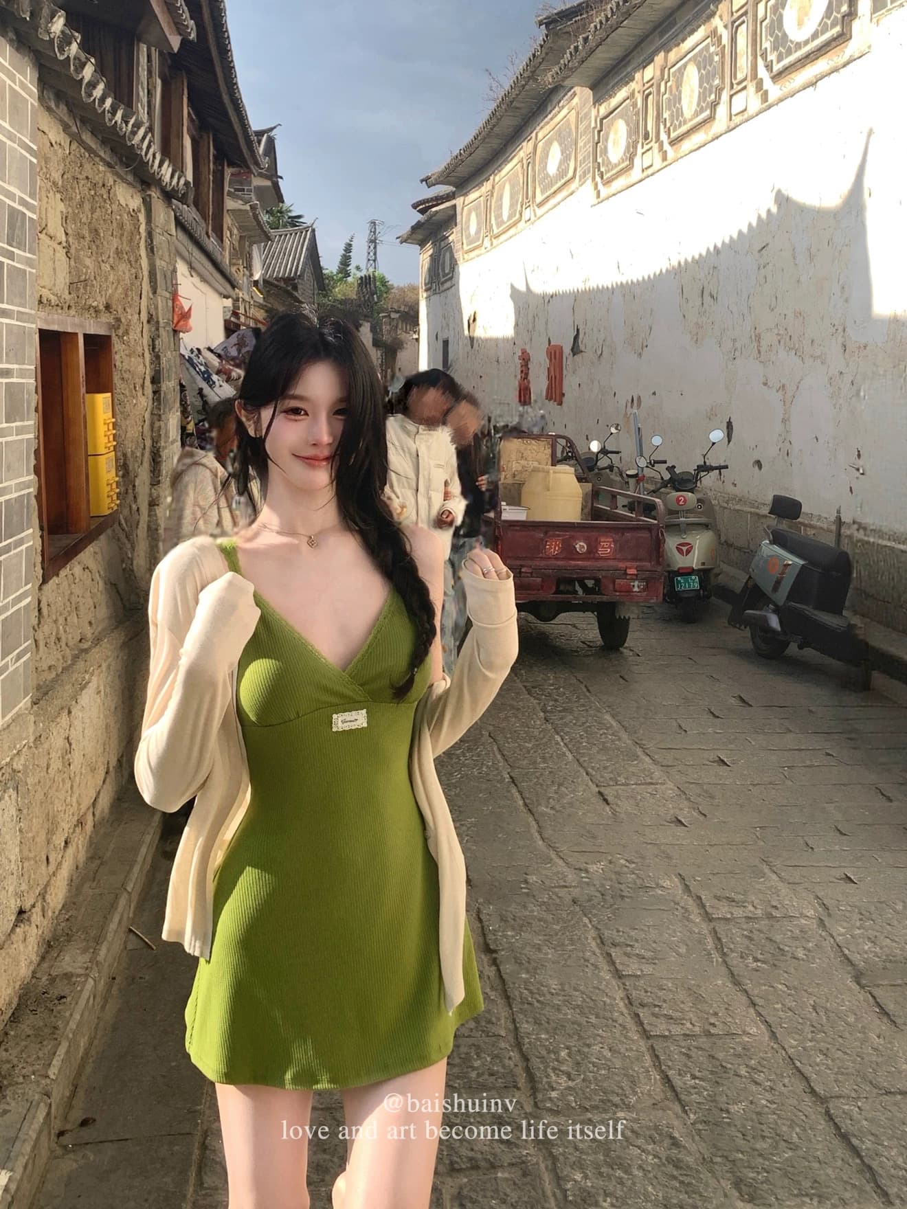 miu 부서 아름다움 세트 그룹 V넥 캐미솔 레이스 여성 드레스 여름 감기 바람 구덩이 기사 맨위 오픈 가디건 상세 이미지 15