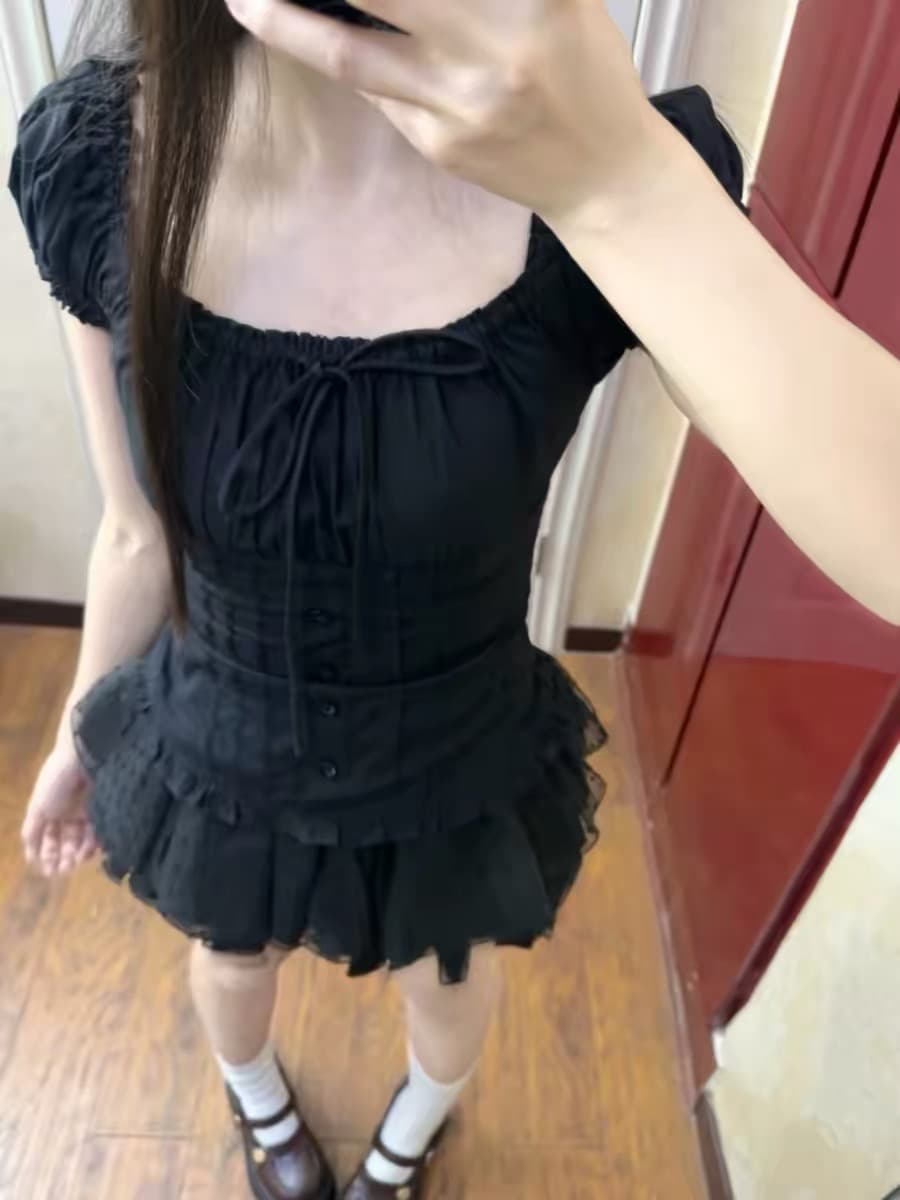 프랑스식 검정색 고급 센스 거품 소매 광장 칼라 셔츠 반팔 도트 무늬 레이스 퍼프 케이크 반신 스커트 투피스 세트 이미지 3