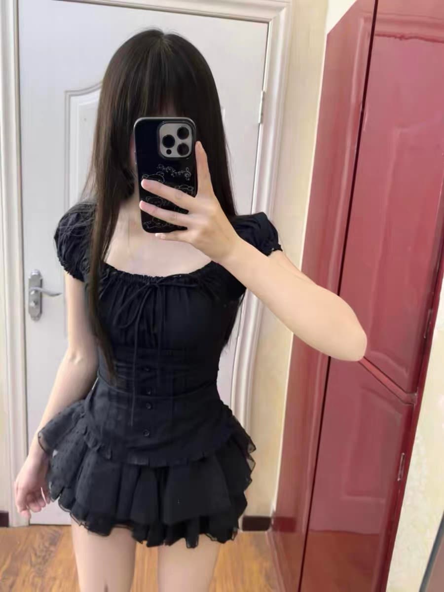 프랑스식 검정색 고급 센스 거품 소매 광장 칼라 셔츠 반팔 도트 무늬 레이스 퍼프 케이크 반신 스커트 투피스 세트 이미지 4