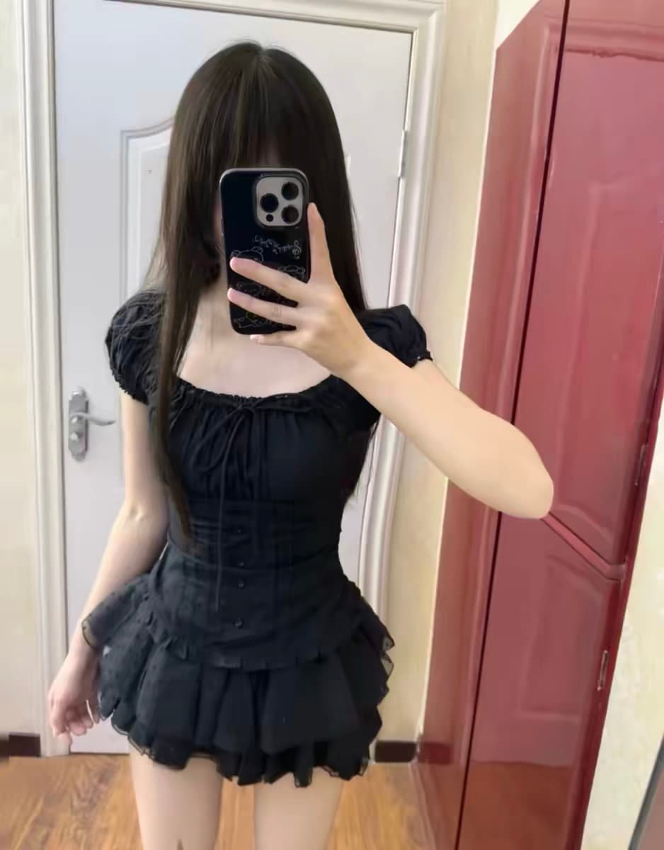 프랑스식 검정색 고급 센스 거품 소매 광장 칼라 셔츠 반팔 도트 무늬 레이스 퍼프 케이크 반신 스커트 투피스 세트 상세 이미지 1