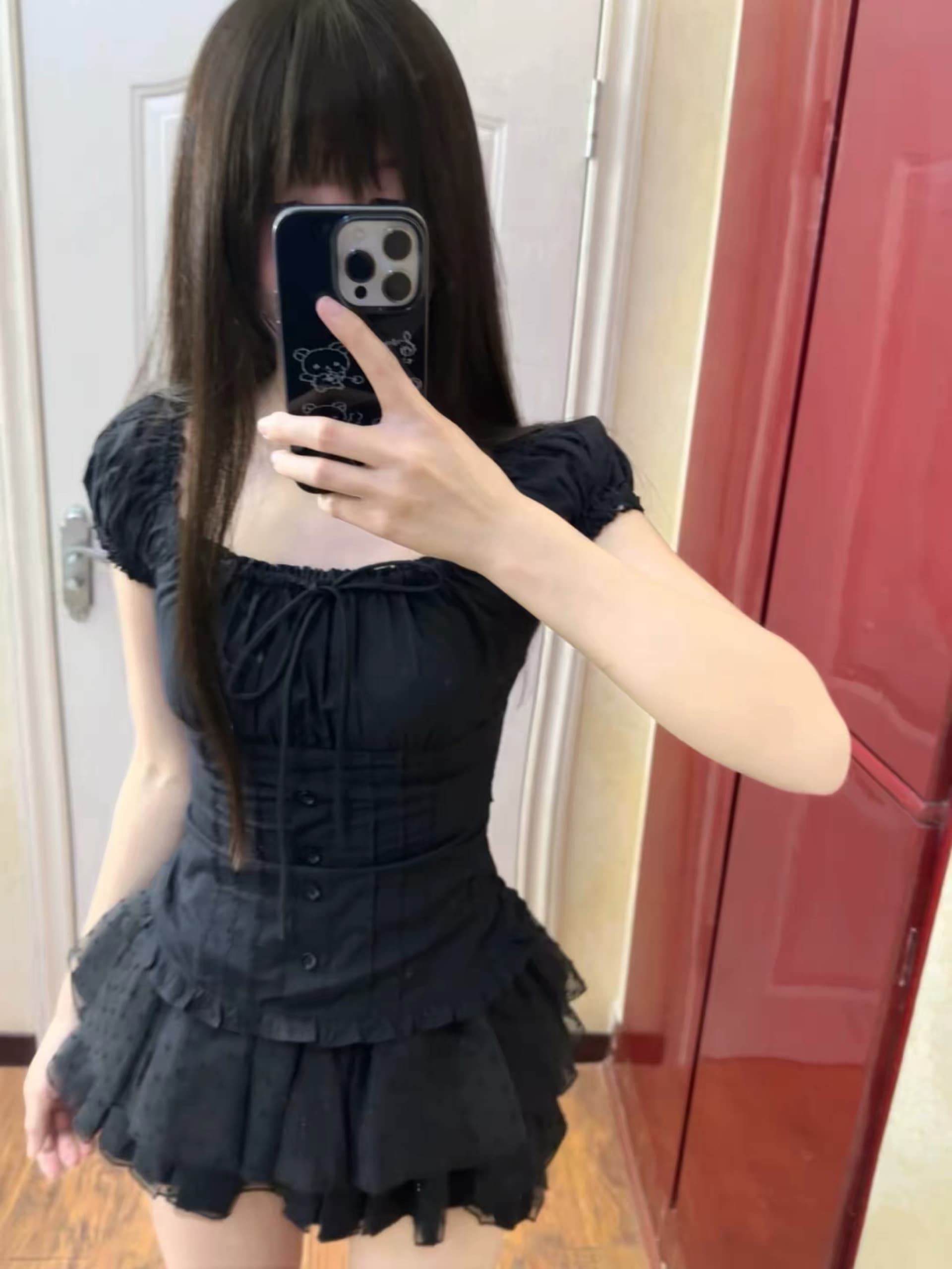 프랑스식 검정색 고급 센스 거품 소매 광장 칼라 셔츠 반팔 도트 무늬 레이스 퍼프 케이크 반신 스커트 투피스 세트 상세 이미지 6