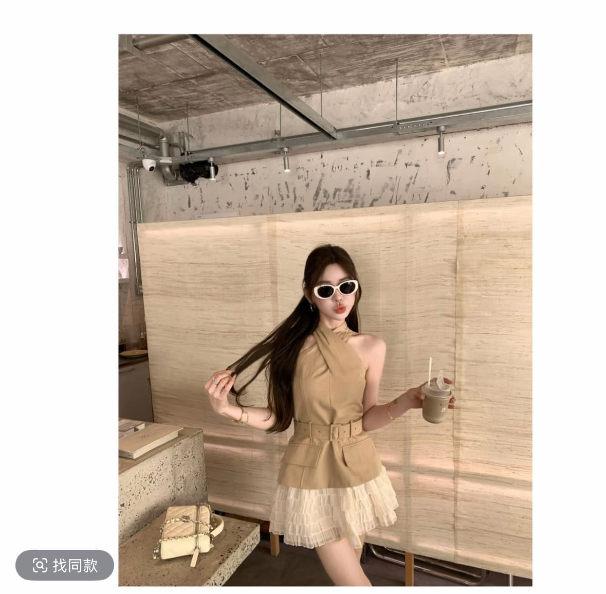 쌀 Na 홈 감기 원 웨이 카키 색 십자가 벨트 조끼 베이지 색 쉬폰 무거운 작업 층 반 스커트 이미지 2