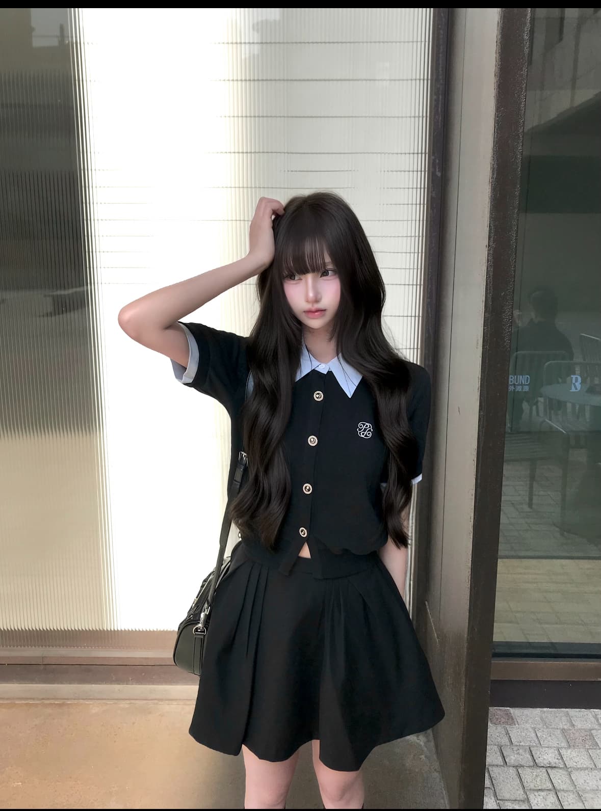 여름 배색 패치워크 페이크 레이어드 반팔 후드티 오픈 가디건 맨위 재킷 퍼프 반 스커트 세트 여성 상세 이미지 1