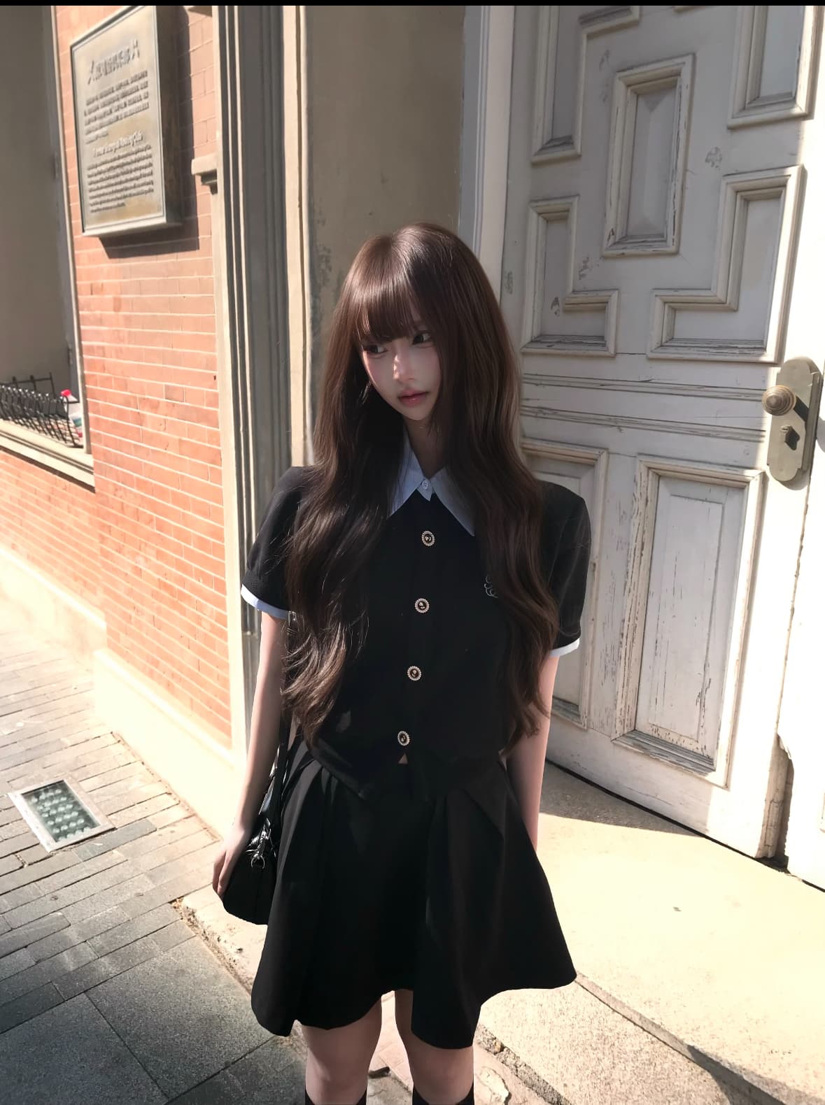 여름 배색 패치워크 페이크 레이어드 반팔 후드티 오픈 가디건 맨위 재킷 퍼프 반 스커트 세트 여성 상세 이미지 5