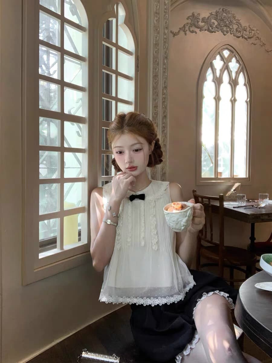 배 향기로운 티 파티 천 골드 센스 레이스 베이비 칼라 레이스 셔츠 맨위 꽃밭 반바지 세트