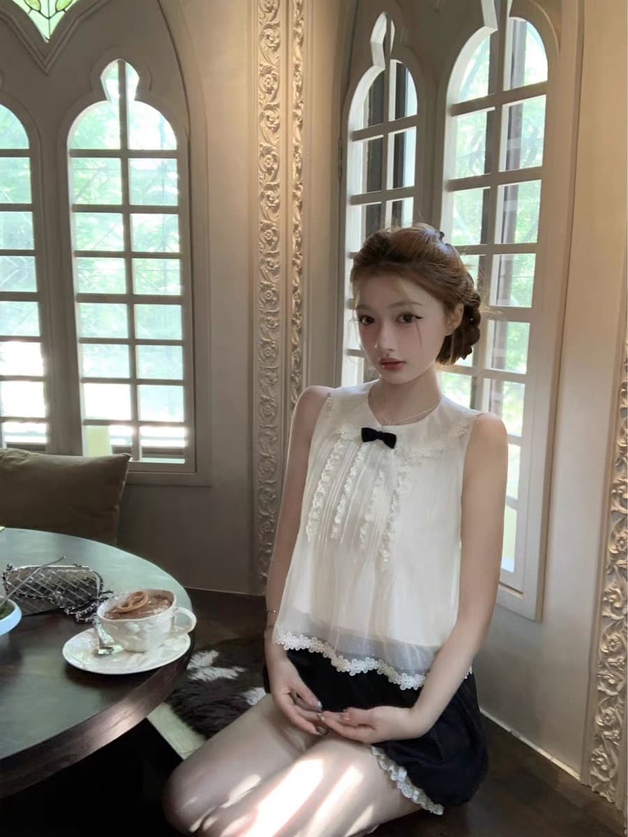 배 향기로운 티 파티 천 골드 센스 레이스 베이비 칼라 레이스 셔츠 맨위 꽃밭 반바지 세트 이미지 3