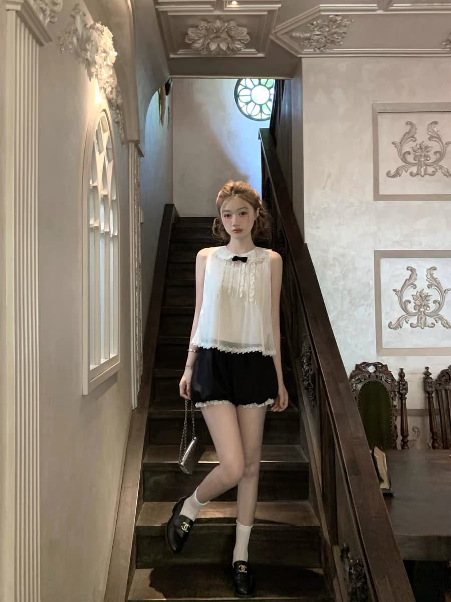 배 향기로운 티 파티 천 골드 센스 레이스 베이비 칼라 레이스 셔츠 맨위 꽃밭 반바지 세트 이미지 2