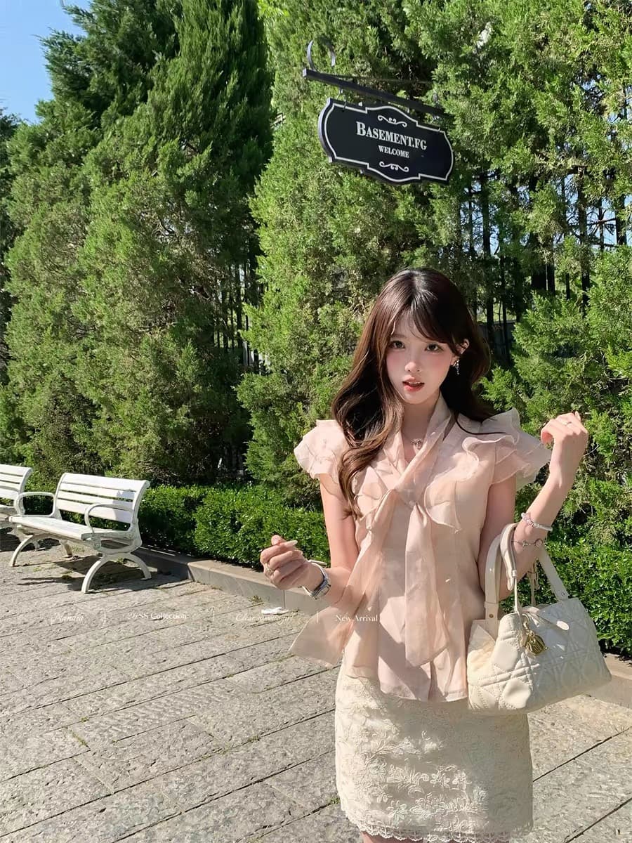 달콤한 수선화 꽃 리플 천 골드 프랑스식 레트로 프릴 품격 시폰 셔츠 여성 여름 나비 매듭 반팔 맨위 이미지 2