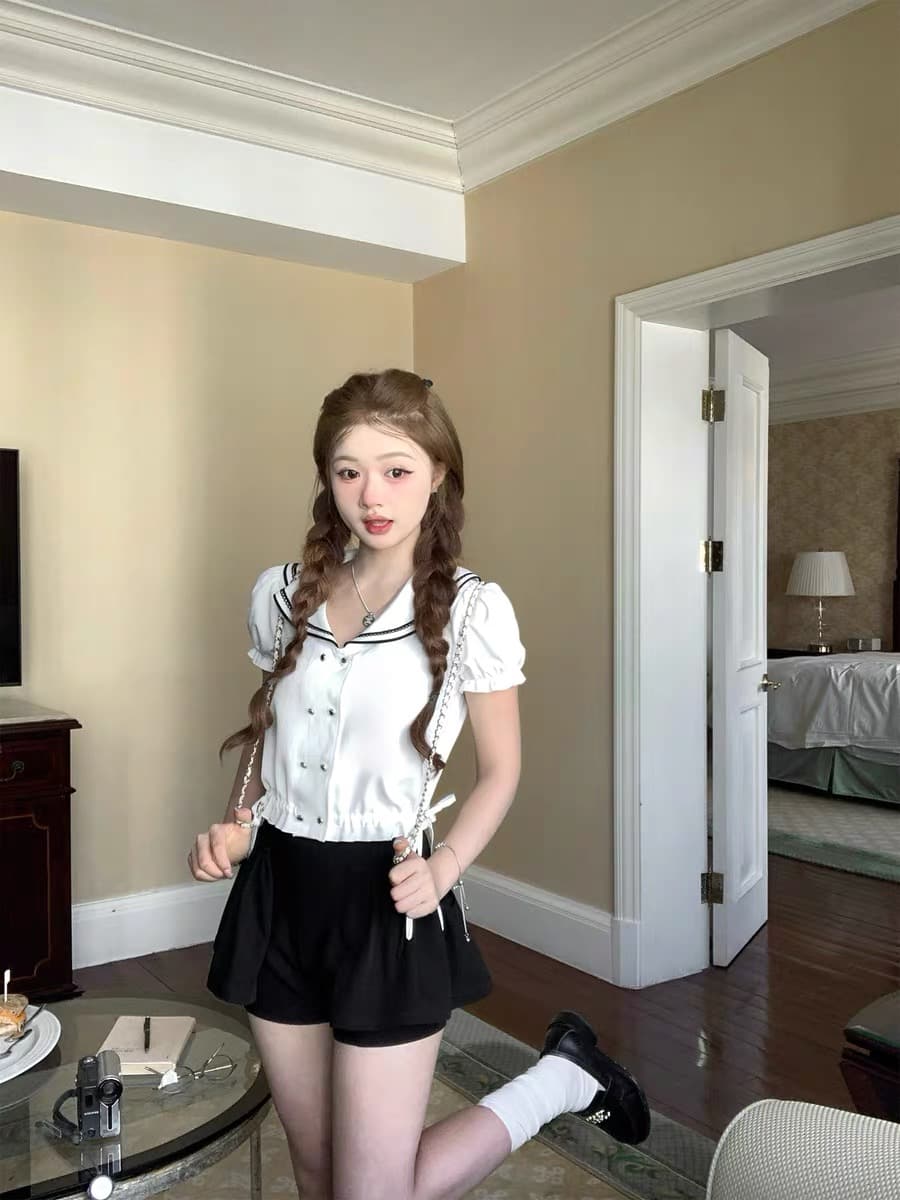 q 여자 집 5 24 노동 Lun 학원 해군 칼라 소녀 이중 버튼 레이스 업 셔츠 맨위