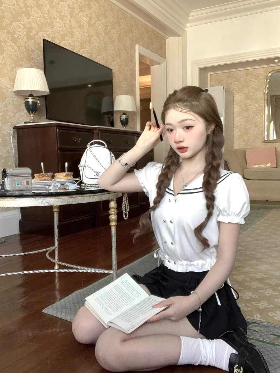 q 여자 집 5 24 노동 Lun 학원 해군 칼라 소녀 이중 버튼 레이스 업 셔츠 맨위 이미지 2