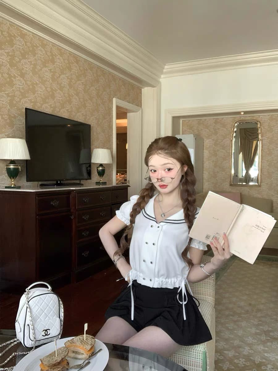 q 여자 집 5 24 노동 Lun 학원 해군 칼라 소녀 이중 버튼 레이스 업 셔츠 맨위 이미지 4