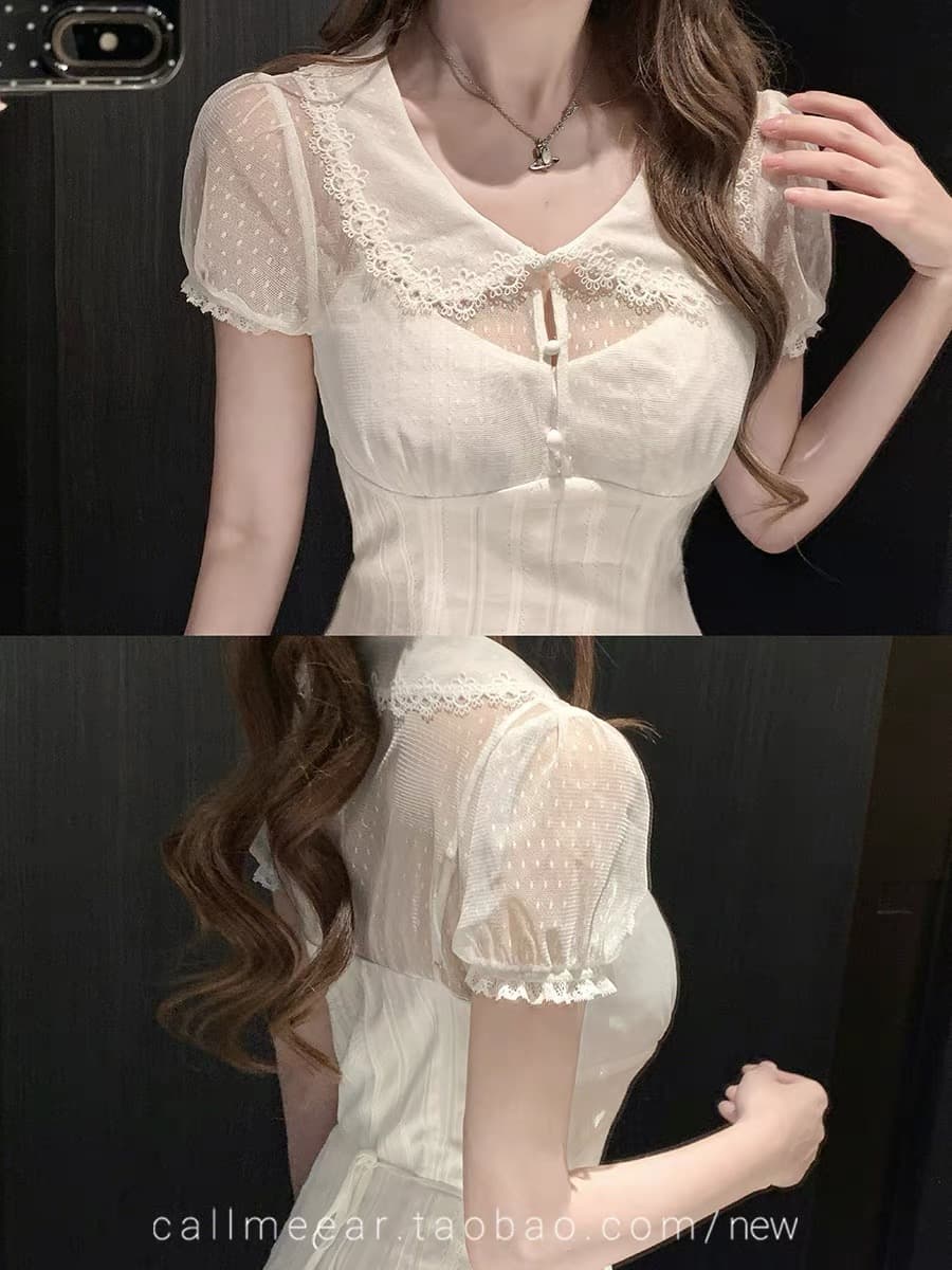 callmeear 오리지널 고백 레터 헤드 홀로우 아웃 페이크 레이어드 레이스 측면 베이비 칼라 허리 수축 드레스 상세 이미지 4