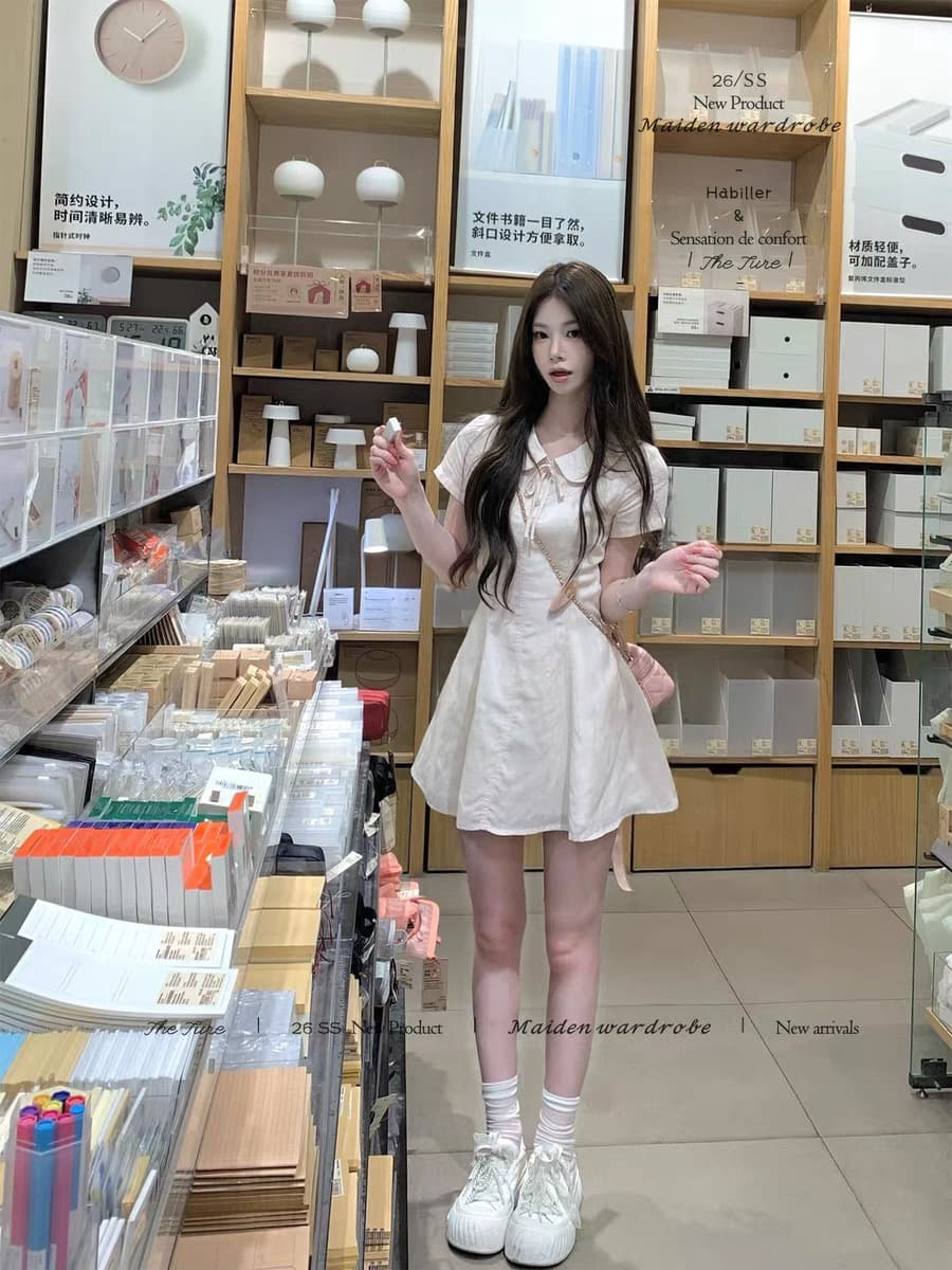 theture 아마 분말 분말 치마 베이비 칼라 여성 드레스 학원 스타일 몸매 가꾸기 슬림해 보이는 허리 수축 반팔 치마 이미지 3