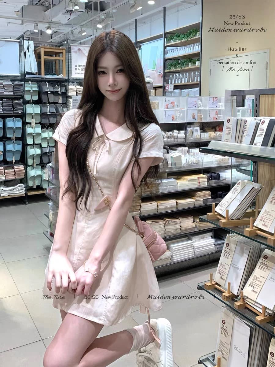 theture 아마 분말 분말 치마 베이비 칼라 여성 드레스 학원 스타일 몸매 가꾸기 슬림해 보이는 허리 수축 반팔 치마 이미지 4