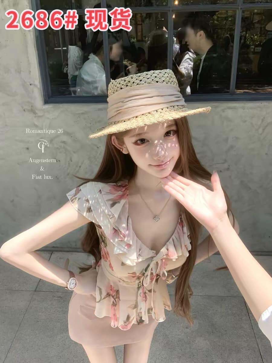 늦게 우산 우산 26 ss 사쿠라 음 나이 나이 분말 장미 꽃무늬 프릴 셔츠 분말 스웨이드 반 스커트 데님 반바지 이미지 2