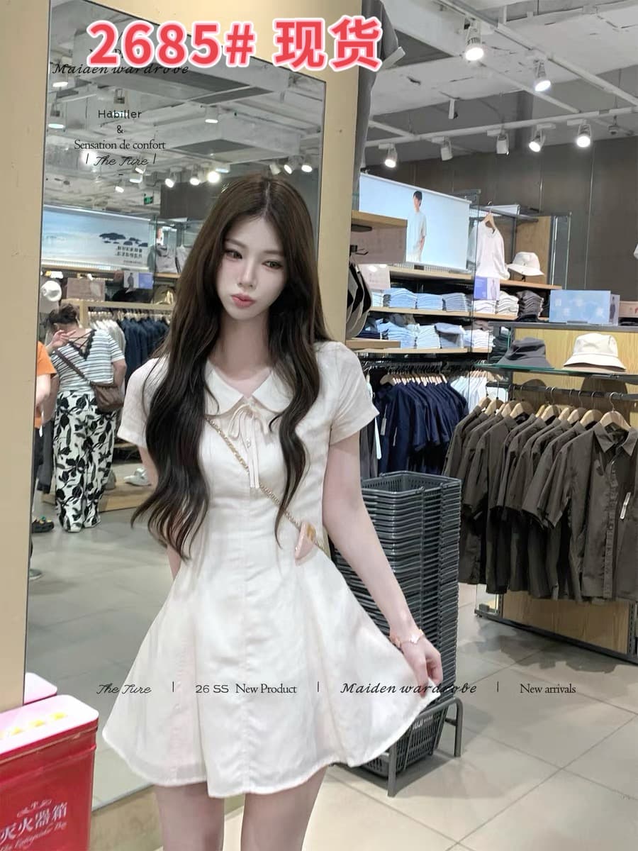theture 아마 분말 분말 치마 베이비 칼라 여성 드레스 학원 스타일 몸매 가꾸기 슬림해 보이는 허리 수축 반팔 치마 이미지 2