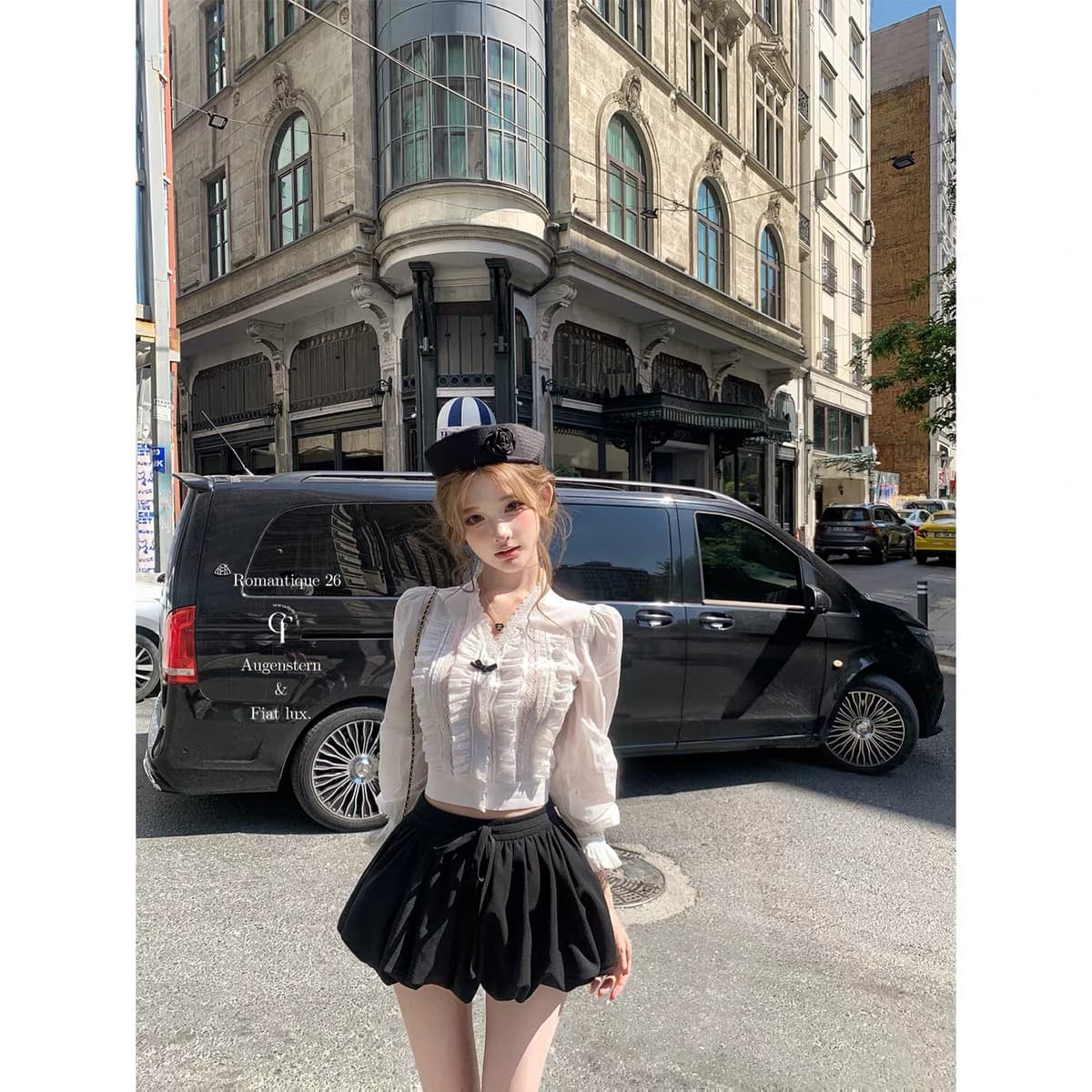 늦게 우산 우산 26 ss 향기로운 노래 Afterrhyme doll 부서 화이트 프릴 나비 매듭 셔츠 검정색 꽃밭 반바지 이미지 2