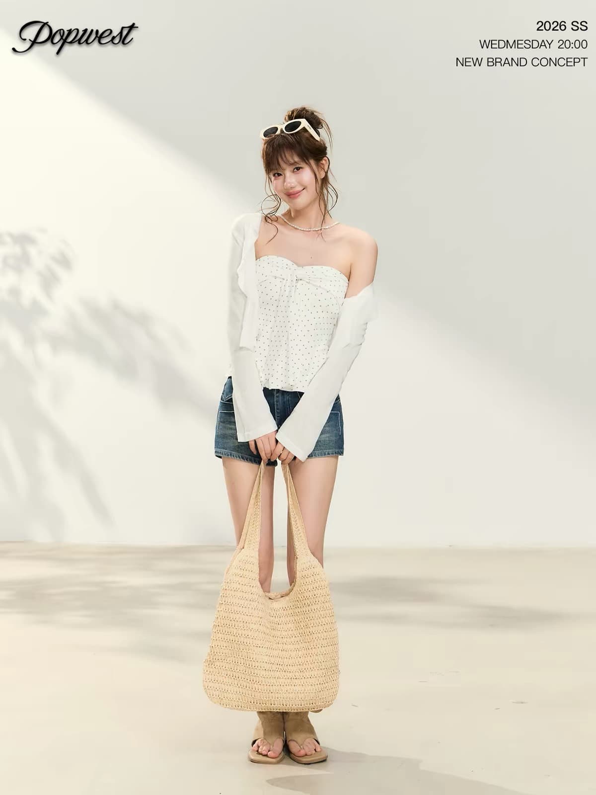popwest 도트 무늬 나비 매듭 스트랩 튜브탑 조끼 허리 수축 맨위 숄 오픈 가디건 블라우스 재킷 세트 이미지 2