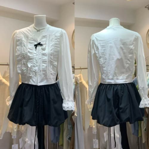 늦게 우산 우산 26 ss 향기로운 노래 Afterrhyme doll 부서 화이트 프릴 나비 매듭 셔츠 검정색 꽃밭 반바지