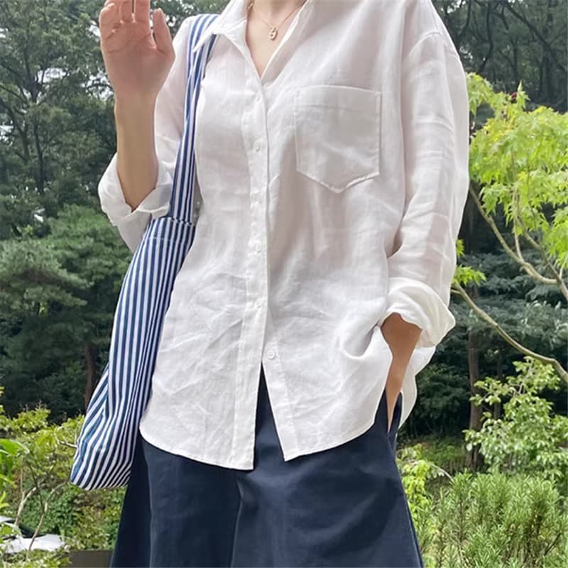 프랑스식 면 린넨 자외선 차단 화이트 셔츠 여성 긴 소매 얇은 스타일 루즈핏 외부 가져 가라. 한국 스타일 셔츠 주간 실크 아마 맨위 여름 상세 이미지 1