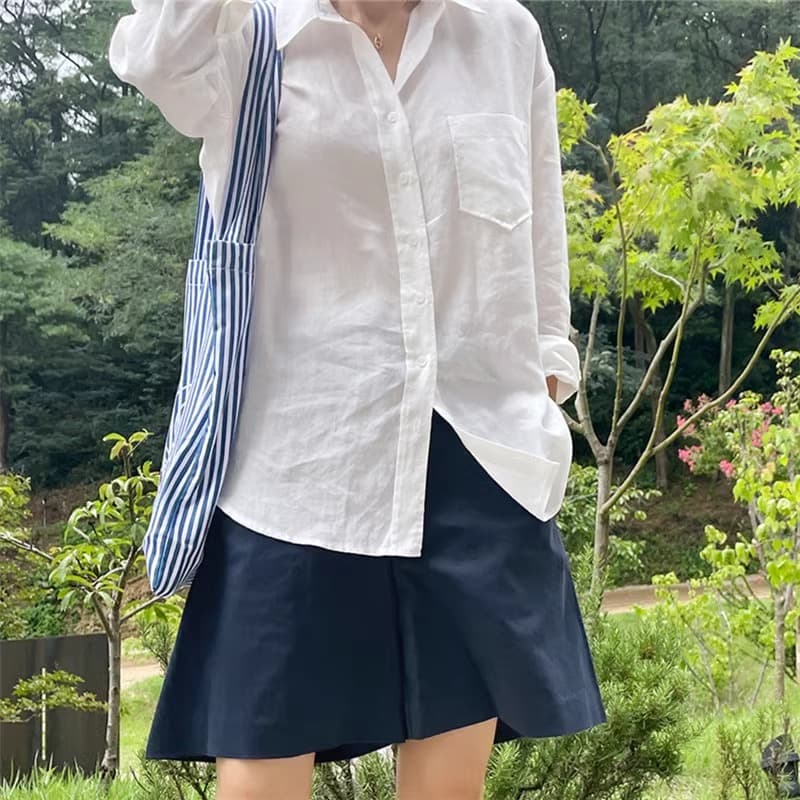 프랑스식 면 린넨 자외선 차단 화이트 셔츠 여성 긴 소매 얇은 스타일 루즈핏 외부 가져 가라. 한국 스타일 셔츠 주간 실크 아마 맨위 여름 상세 이미지 2