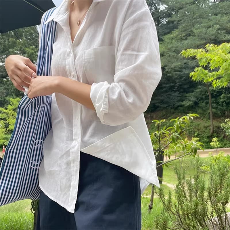 프랑스식 면 린넨 자외선 차단 화이트 셔츠 여성 긴 소매 얇은 스타일 루즈핏 외부 가져 가라. 한국 스타일 셔츠 주간 실크 아마 맨위 여름 상세 이미지 3