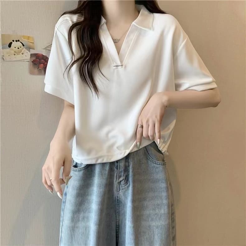 여름 새로운 지방 mm 빅 사이즈 루즈핏 POLO 칼라 긍정적 인 어깨 반팔 티셔츠 표지 배 슬림해 보이는 V넥 반소매 맨위 여성