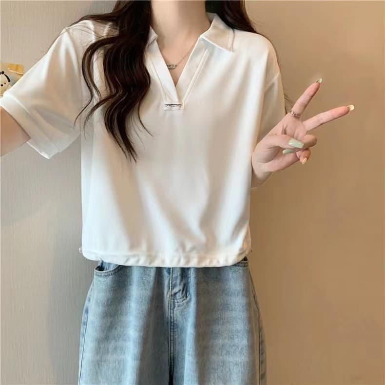 여름 새로운 지방 mm 빅 사이즈 루즈핏 POLO 칼라 긍정적 인 어깨 반팔 티셔츠 표지 배 슬림해 보이는 V넥 반소매 맨위 여성 상세 이미지 7