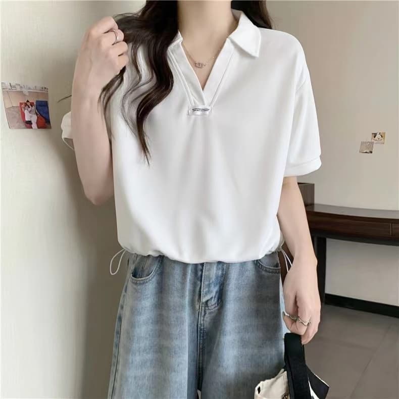 여름 새로운 지방 mm 빅 사이즈 루즈핏 POLO 칼라 긍정적 인 어깨 반팔 티셔츠 표지 배 슬림해 보이는 V넥 반소매 맨위 여성 상세 이미지 8