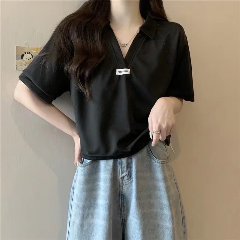 여름 새로운 지방 mm 빅 사이즈 루즈핏 POLO 칼라 긍정적 인 어깨 반팔 티셔츠 표지 배 슬림해 보이는 V넥 반소매 맨위 여성 상세 이미지 9