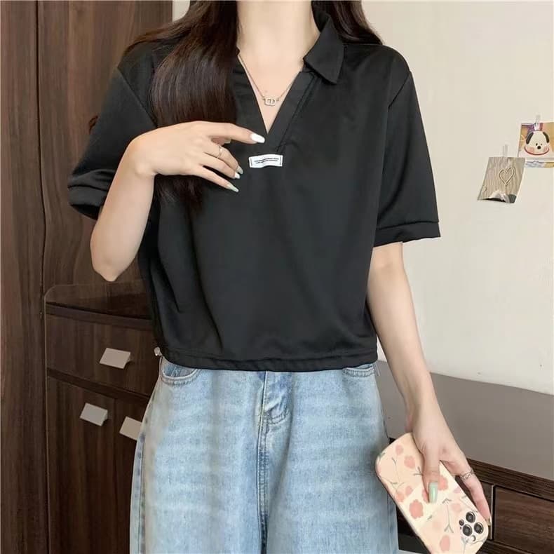 여름 새로운 지방 mm 빅 사이즈 루즈핏 POLO 칼라 긍정적 인 어깨 반팔 티셔츠 표지 배 슬림해 보이는 V넥 반소매 맨위 여성 상세 이미지 10