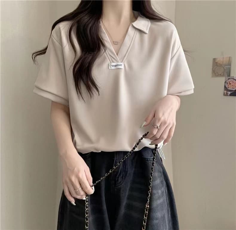 여름 새로운 지방 mm 빅 사이즈 루즈핏 POLO 칼라 긍정적 인 어깨 반팔 티셔츠 표지 배 슬림해 보이는 V넥 반소매 맨위 여성 상세 이미지 11
