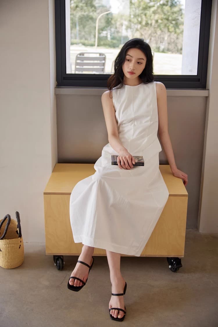 프랑스식 민소매 화이트 여성 드레스 여름 패치워크 허리 수축 검정색 라이센스 조끼 스커트 꽃밭 롱 스커트 상세 이미지 6