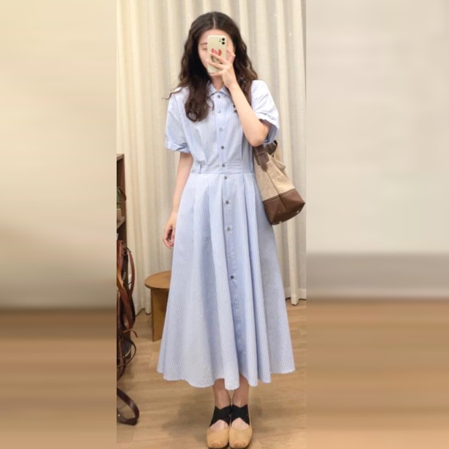 학원 스타일 스트라이프 셔츠 여성 드레스 2026 여름 새로운 파란색 POLO 칼라 허리 수축 출퇴근 면접 롱 스커트 이미지 4