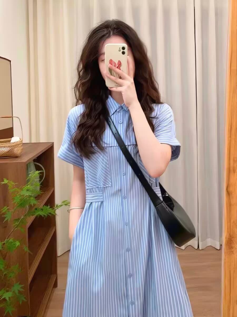 문예 레트로 파란색 스트라이프 셔츠 여성 드레스 여름 새로운 캐주얼 루즈핏 허리 수축 슬림해 보이는 작은 키 롱 스커트 이미지 2